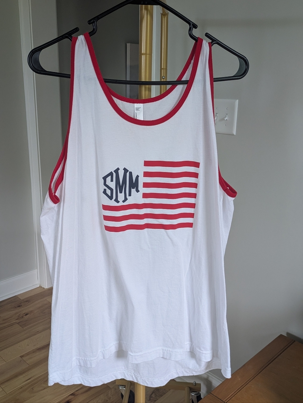 White Tank Top with Red Trim and Flag Graphic